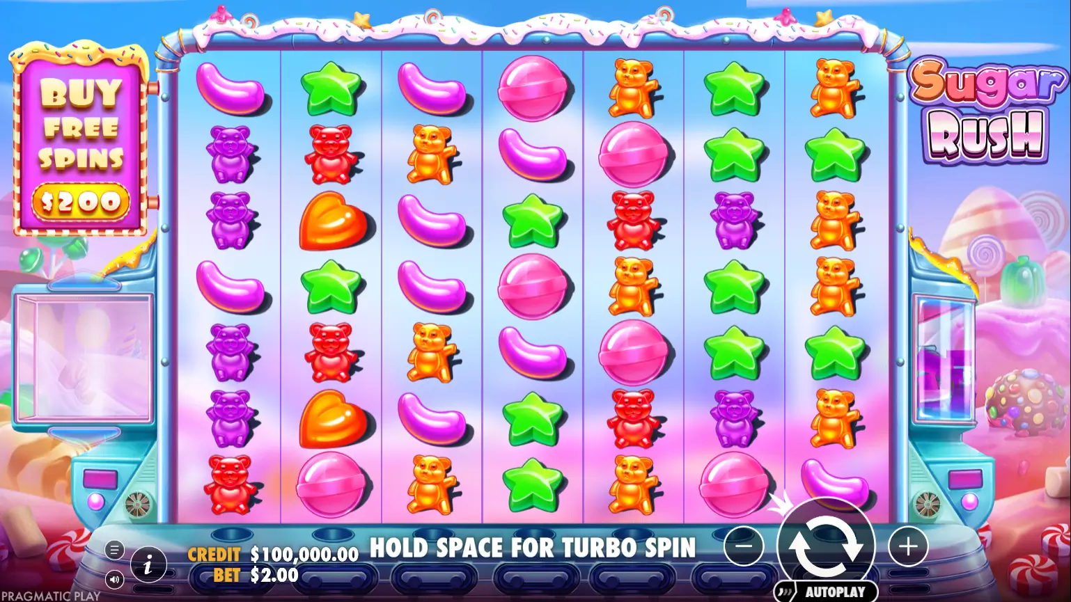 Reels do Sugar Rush exibindo gomas coloridas e símbolos açucarados animados